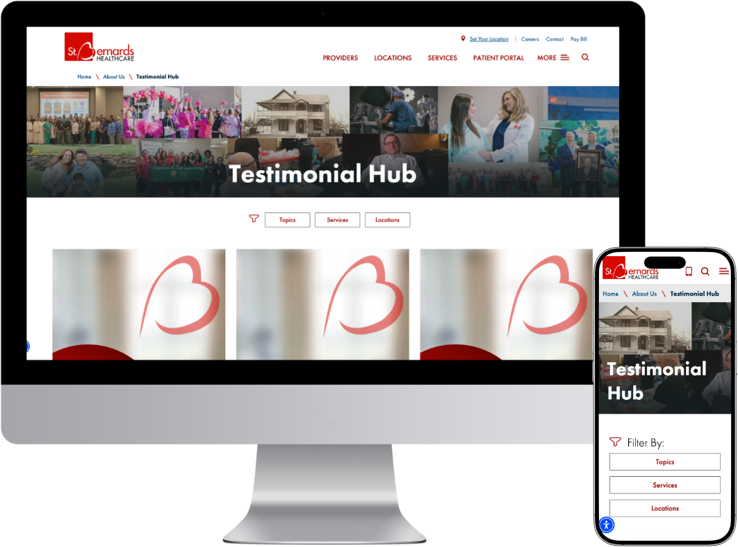 Desktop and mobile mockups of St. Bernards Testimonial Hub
